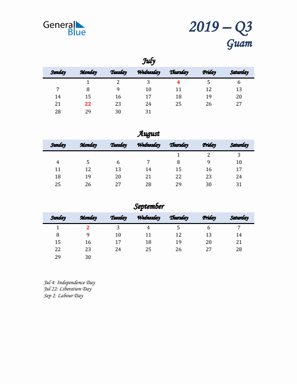 July, August, and September Calendar for Guam with Sunday Start