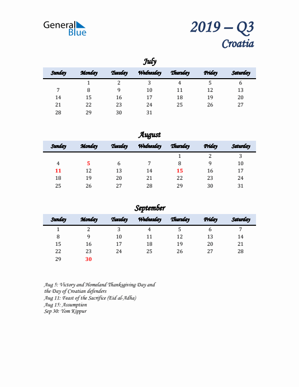 July, August, and September Calendar for Croatia with Sunday Start