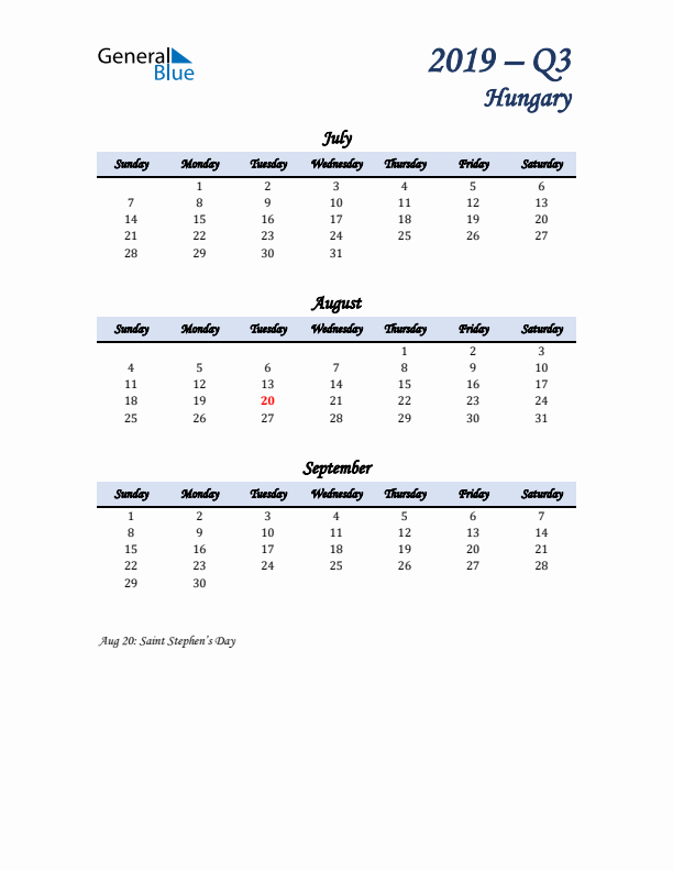 July, August, and September Calendar for Hungary with Sunday Start