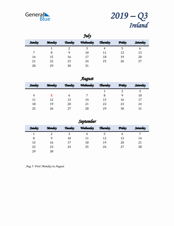 July, August, and September Calendar for Ireland with Sunday Start