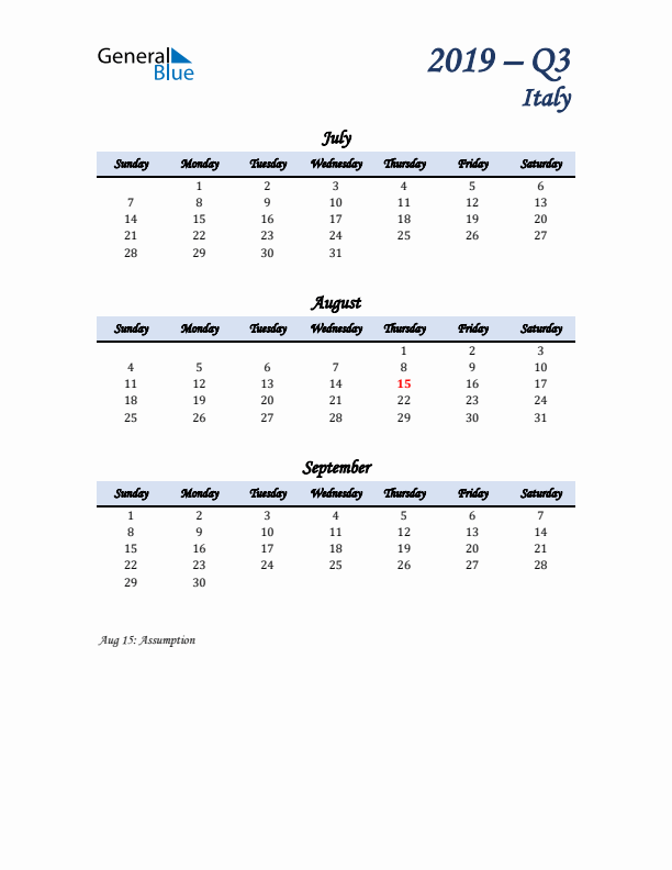 July, August, and September Calendar for Italy with Sunday Start