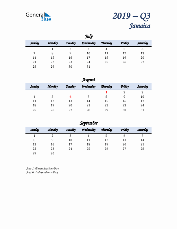 July, August, and September Calendar for Jamaica with Sunday Start