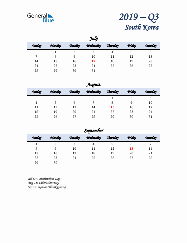 July, August, and September Calendar for South Korea with Sunday Start