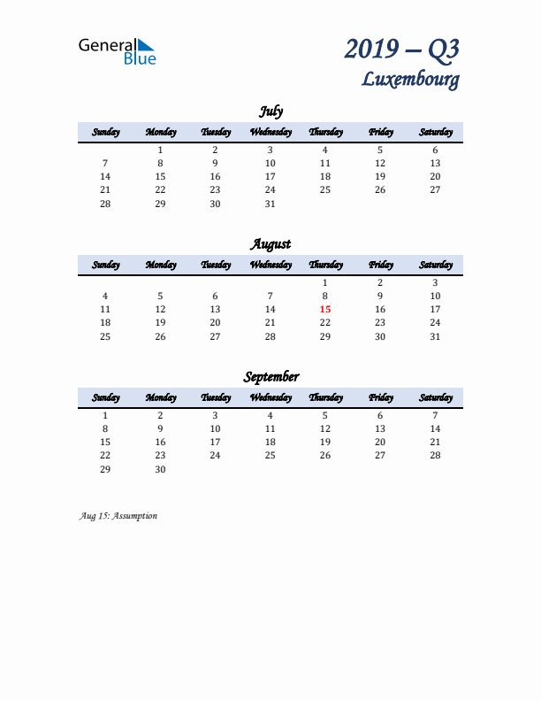 July, August, and September Calendar for Luxembourg with Sunday Start