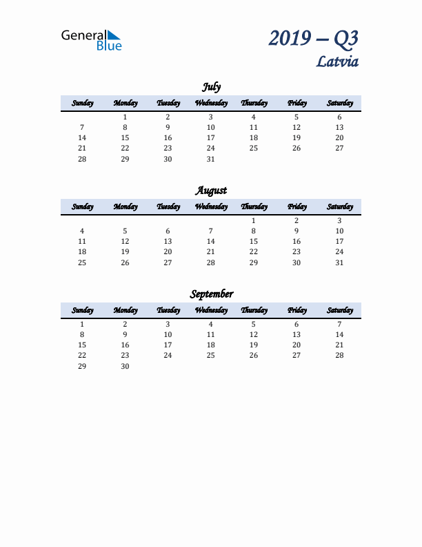 July, August, and September Calendar for Latvia with Sunday Start