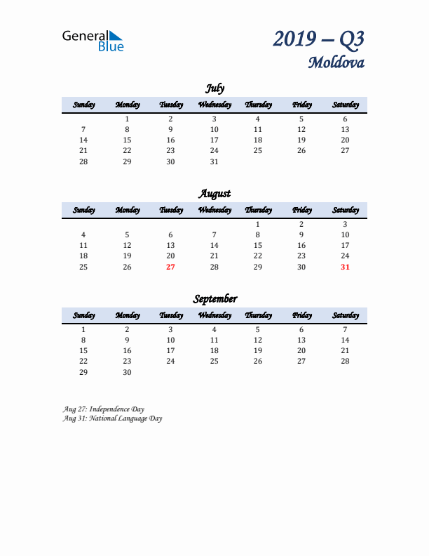 July, August, and September Calendar for Moldova with Sunday Start