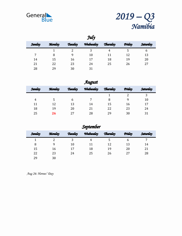 July, August, and September Calendar for Namibia with Sunday Start