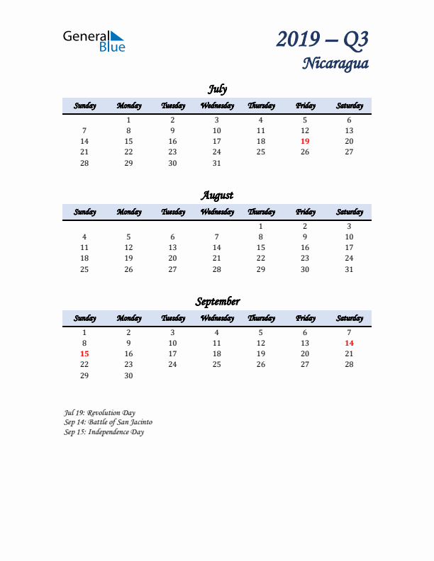 July, August, and September Calendar for Nicaragua with Sunday Start