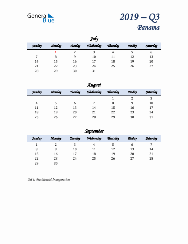 July, August, and September Calendar for Panama with Sunday Start