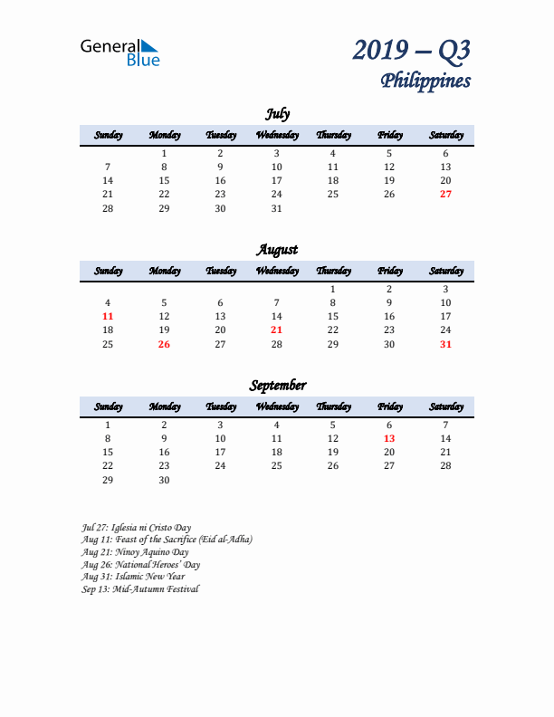 July, August, and September Calendar for Philippines with Sunday Start