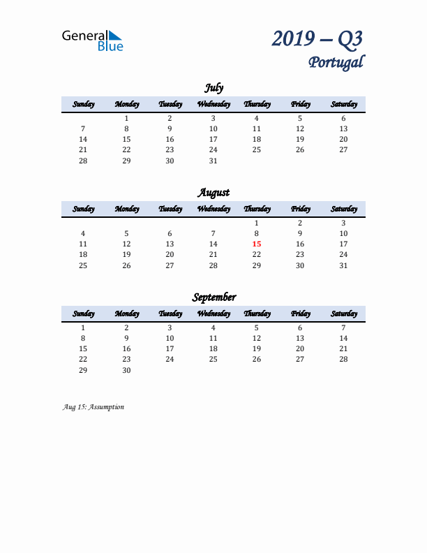 July, August, and September Calendar for Portugal with Sunday Start