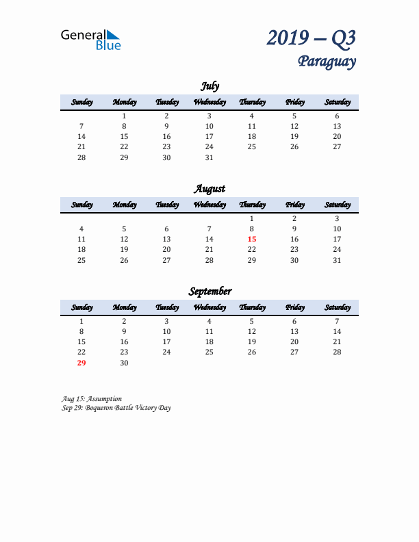 July, August, and September Calendar for Paraguay with Sunday Start