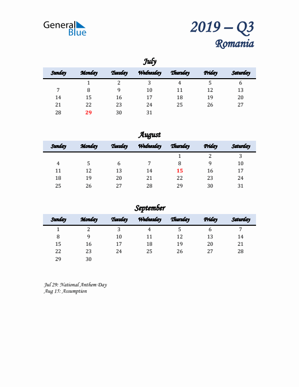 July, August, and September Calendar for Romania with Sunday Start