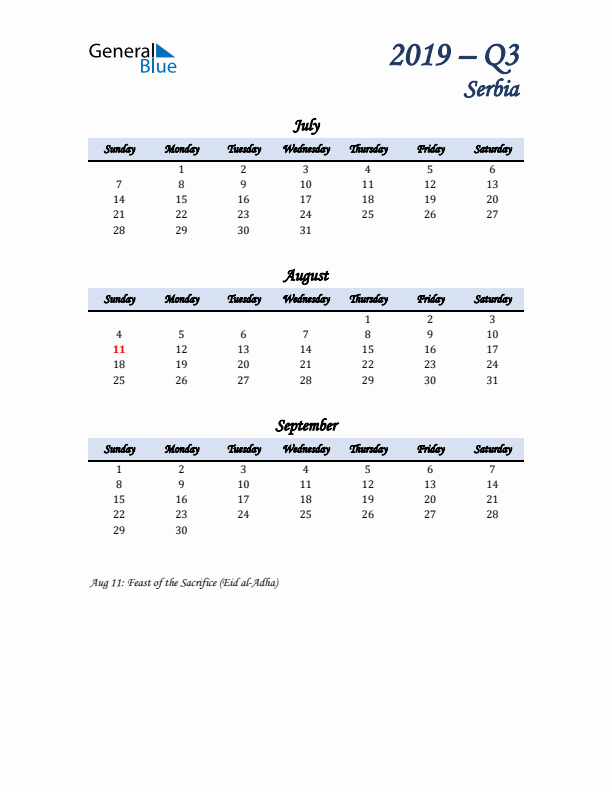 July, August, and September Calendar for Serbia with Sunday Start