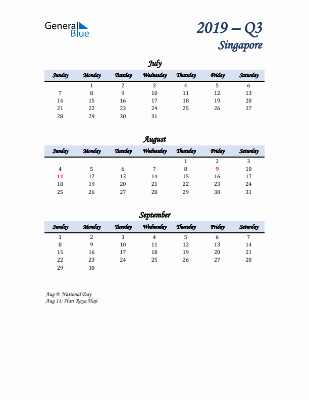 July, August, and September Calendar for Singapore with Sunday Start