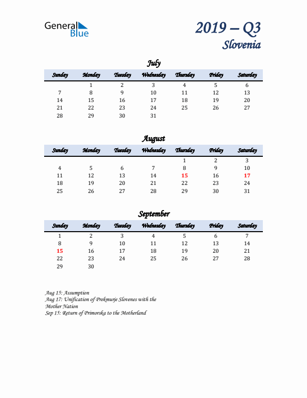 July, August, and September Calendar for Slovenia with Sunday Start