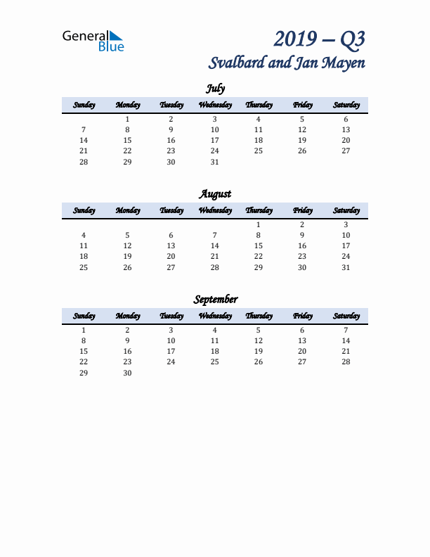 July, August, and September Calendar for Svalbard and Jan Mayen with Sunday Start