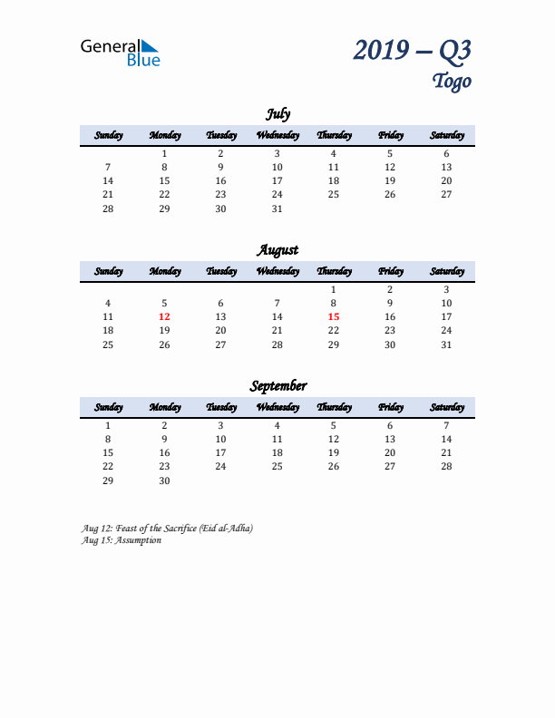 July, August, and September Calendar for Togo with Sunday Start