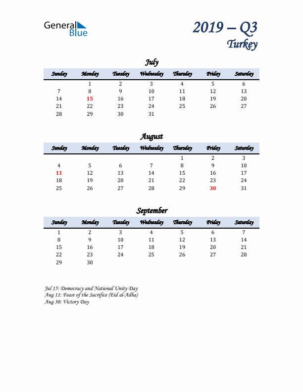 July, August, and September Calendar for Turkey with Sunday Start