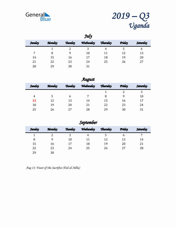 July, August, and September Calendar for Uganda with Sunday Start