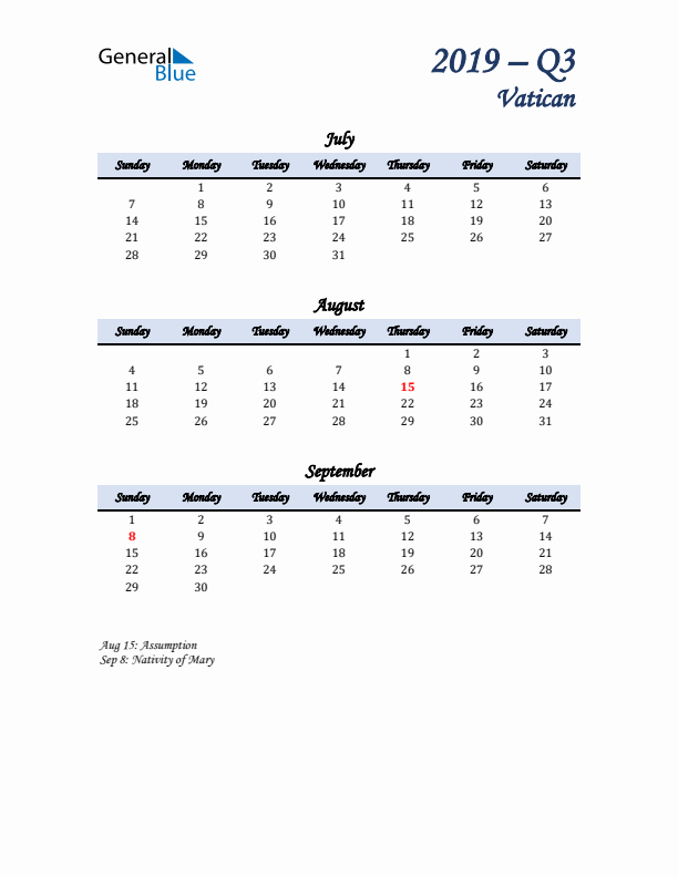 July, August, and September Calendar for Vatican with Sunday Start