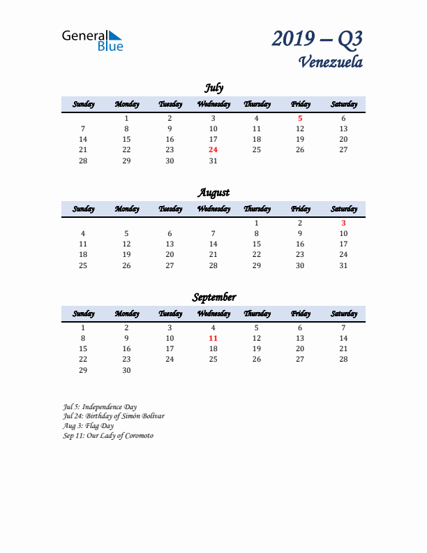 July, August, and September Calendar for Venezuela with Sunday Start