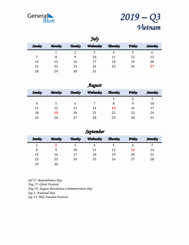 July, August, and September Calendar for Vietnam with Sunday Start