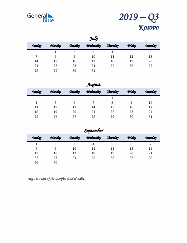 July, August, and September Calendar for Kosovo with Sunday Start