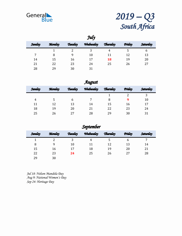 July, August, and September Calendar for South Africa with Sunday Start