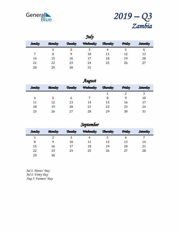 July, August, and September Calendar for Zambia with Sunday Start