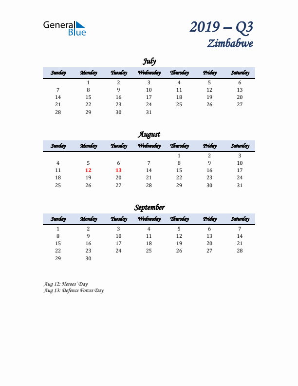 July, August, and September Calendar for Zimbabwe with Sunday Start