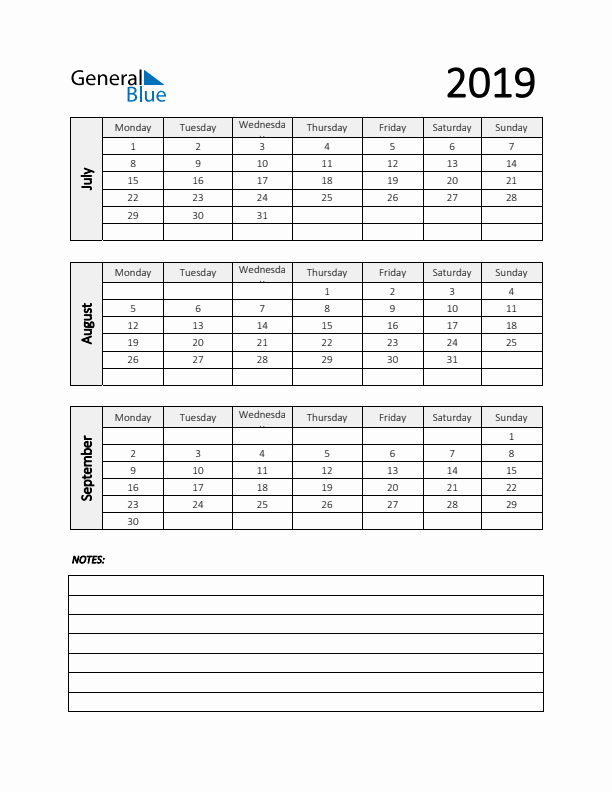 Q3 2019 Calendar with Notes