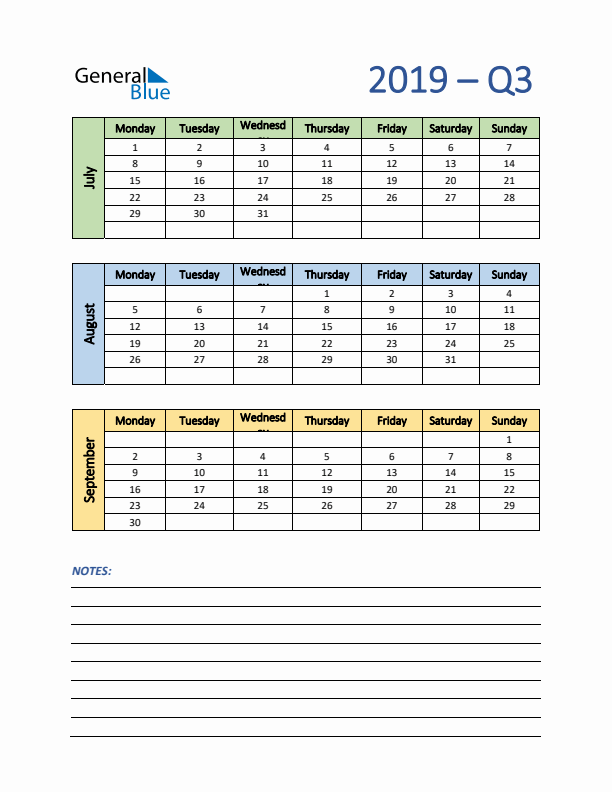 Three-Month Planner for Q3 2019