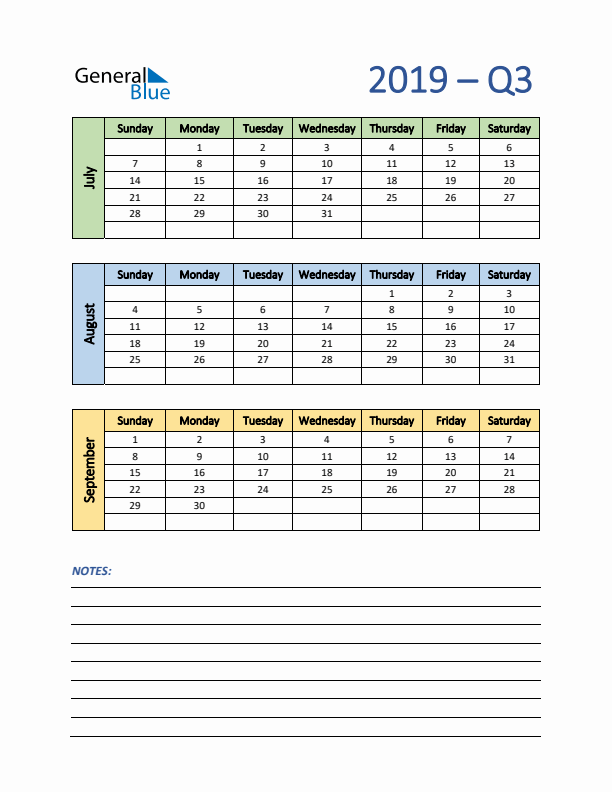 Three-Month Planner for Q3 2019