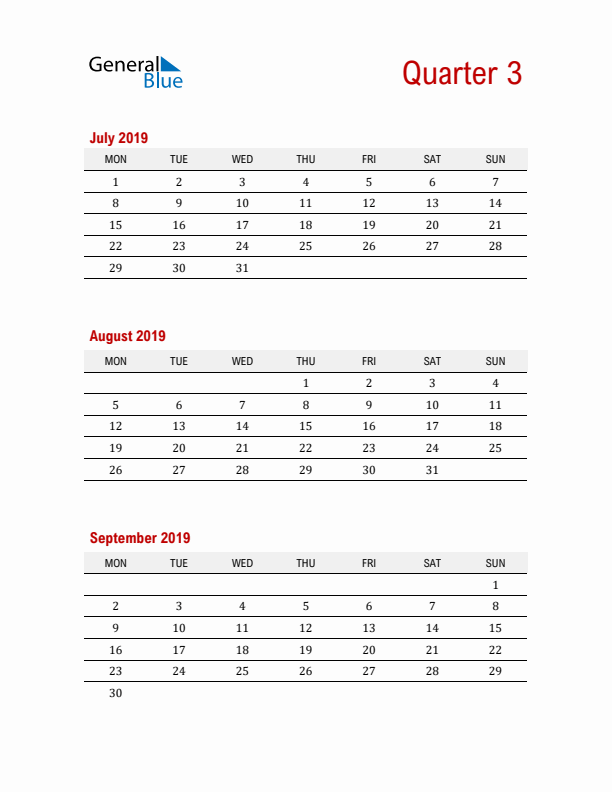 Three-Month Printable Calendar 2019