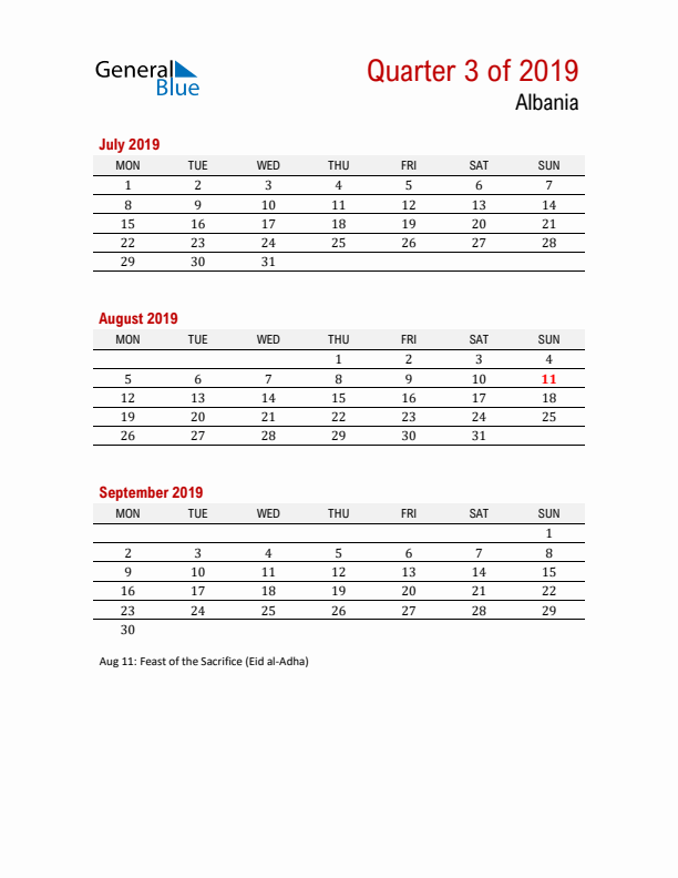 Printable Three Month Calendar with Albania Holidays