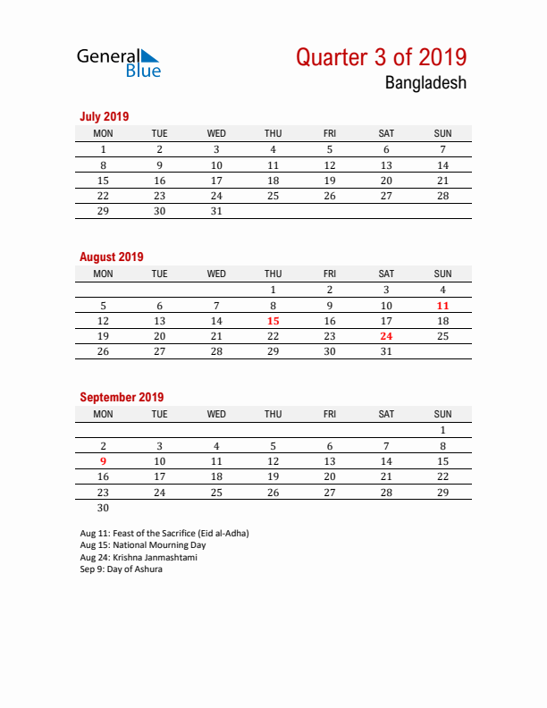 Printable Three Month Calendar with Bangladesh Holidays