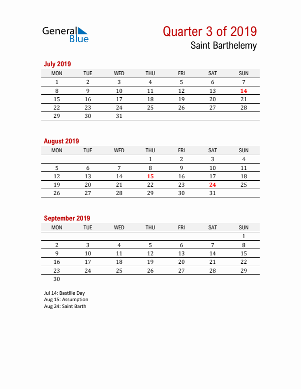 Printable Three Month Calendar with Saint Barthelemy Holidays