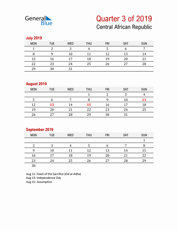 Printable Three Month Calendar with Central African Republic Holidays