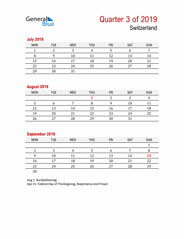 Printable Three Month Calendar with Switzerland Holidays