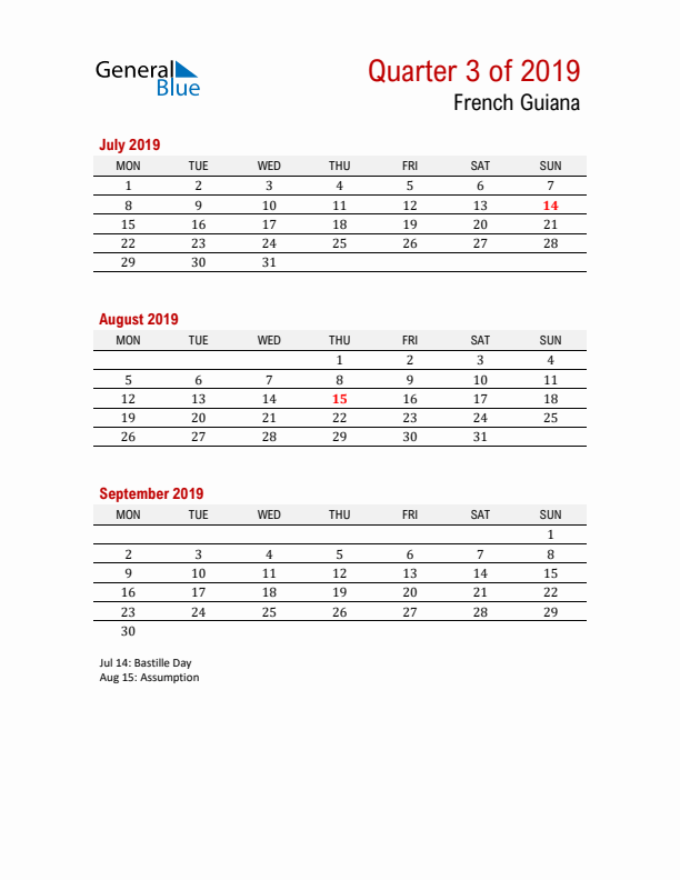 Printable Three Month Calendar with French Guiana Holidays