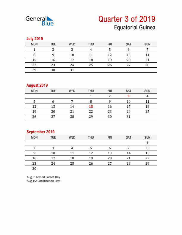 Printable Three Month Calendar with Equatorial Guinea Holidays