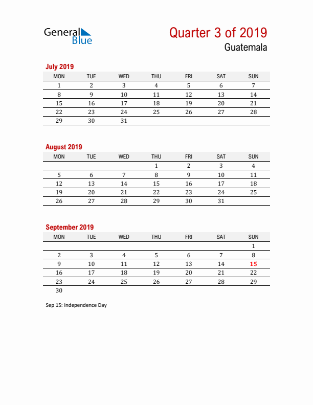 Printable Three Month Calendar with Guatemala Holidays