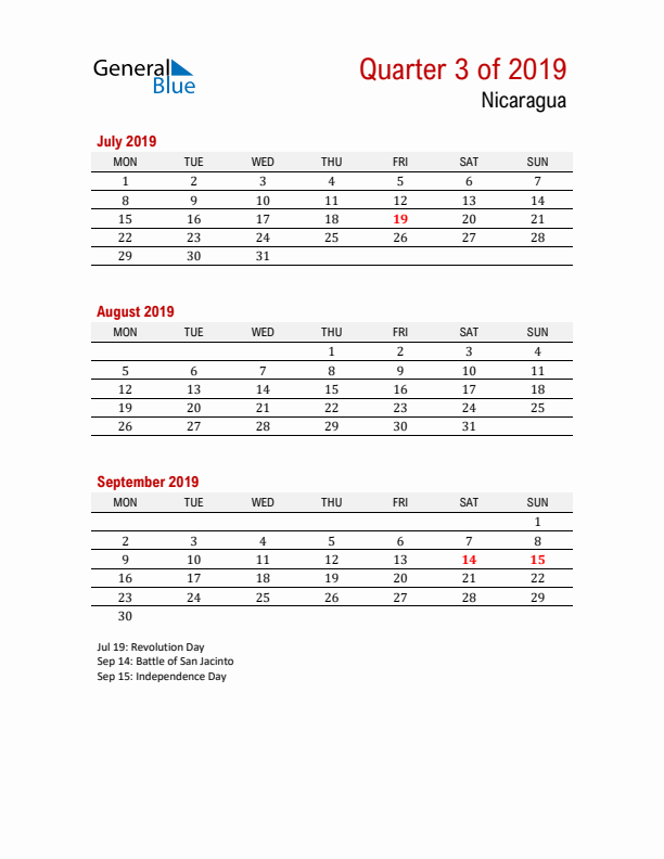 Printable Three Month Calendar with Nicaragua Holidays