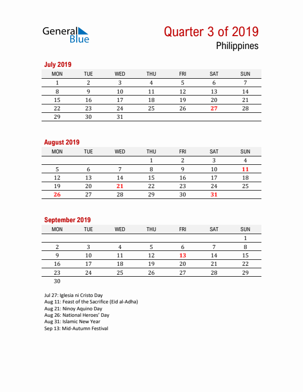 Printable Three Month Calendar with Philippines Holidays