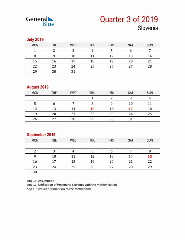 Printable Three Month Calendar with Slovenia Holidays