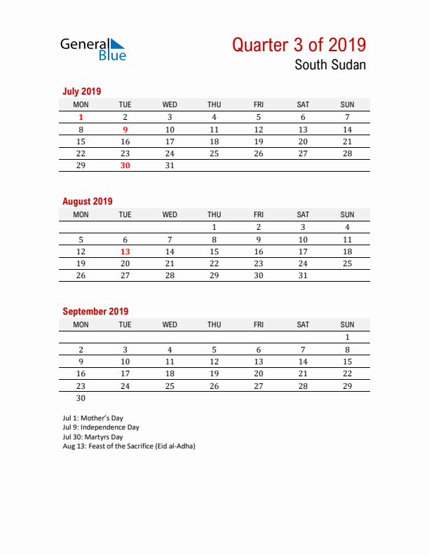 Printable Three Month Calendar with South Sudan Holidays