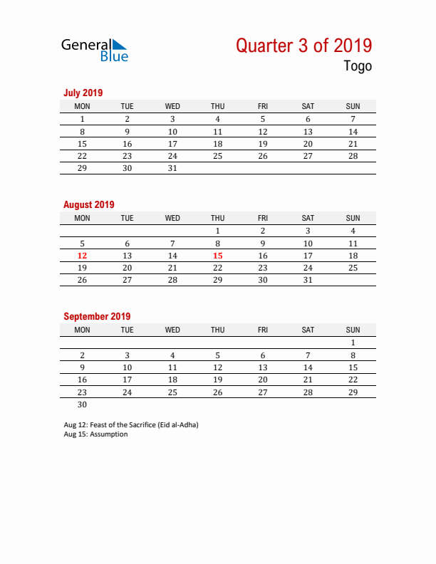 Printable Three Month Calendar with Togo Holidays