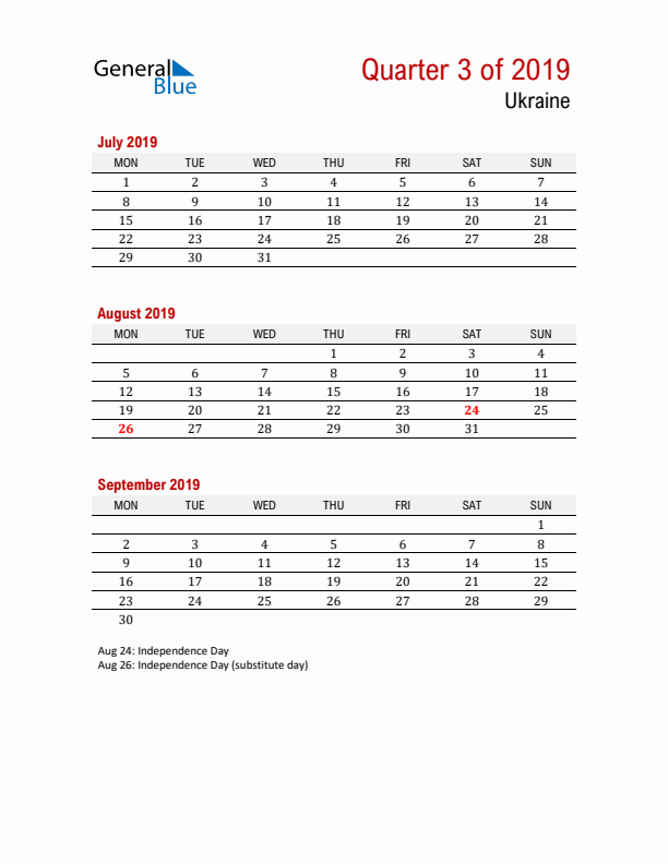 Printable Three Month Calendar with Ukraine Holidays