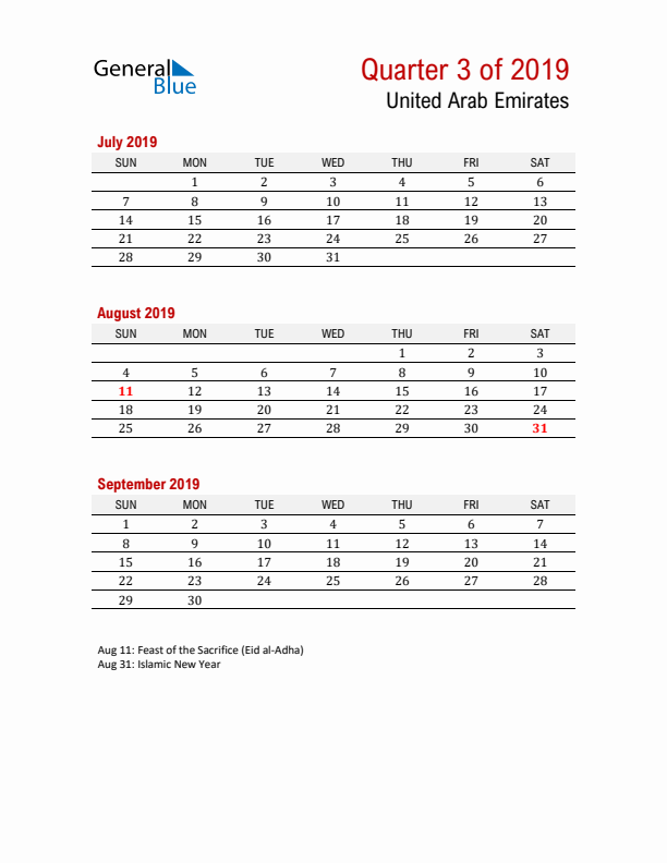 Printable Three Month Calendar with United Arab Emirates Holidays